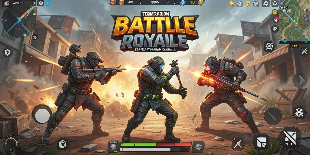 Screenshot gameplay API36 yang menampilkan pertempuran intens dalam Battle Royale.