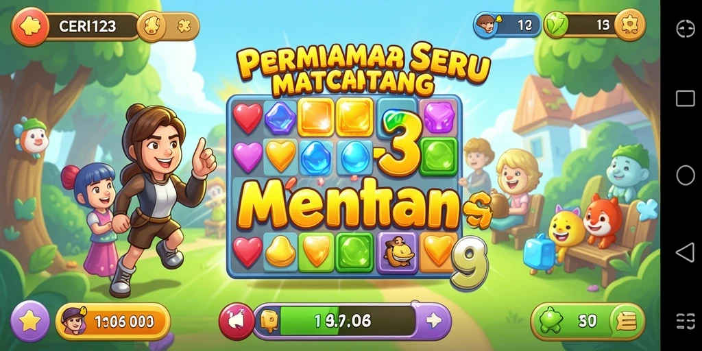 Screenshot gameplay CERI123 yang menunjukkan momen mencocokkan permata.