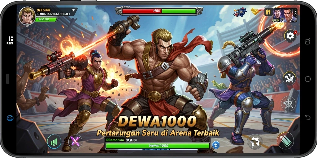 Screenshot utama DEWA1000 menampilkan aksi pertarungan seru di arena.