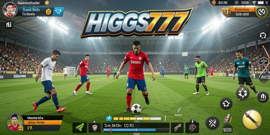 Tangkapan layar utama HIGGS777 menunjukkan aksi seru di lapangan sepak bola.
