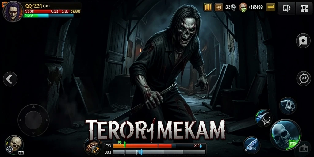 Screenshot gameplay QQ1221 dengan suasana horor yang mencekam.