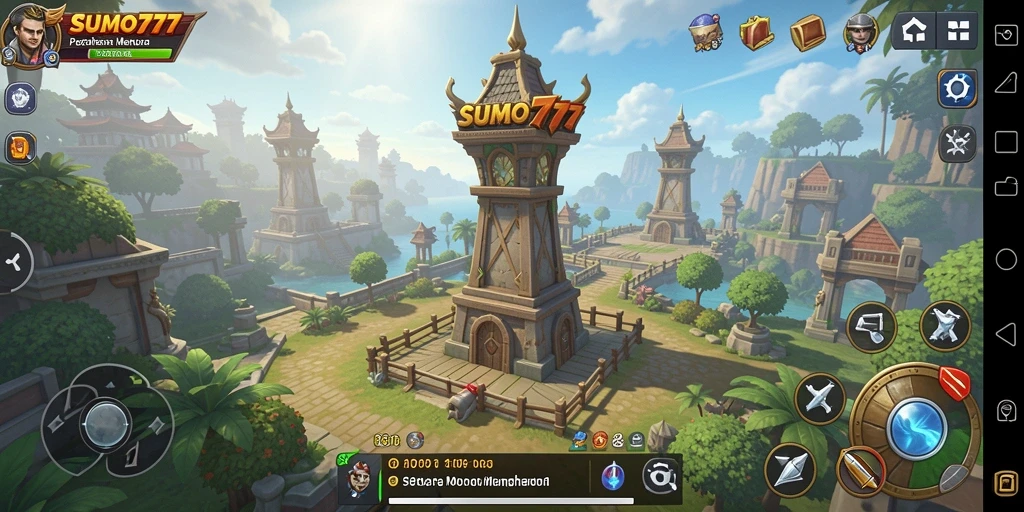 Tangkapan layar gameplay <strong>SUMO777</strong> yang menunjukkan strategi pertahanan menara.