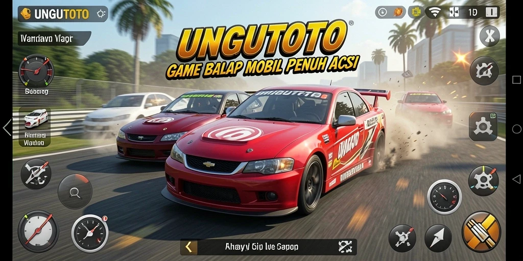 Screenshot utama UNGUTOTO menunjukkan aksi balapan mobil yang seru.