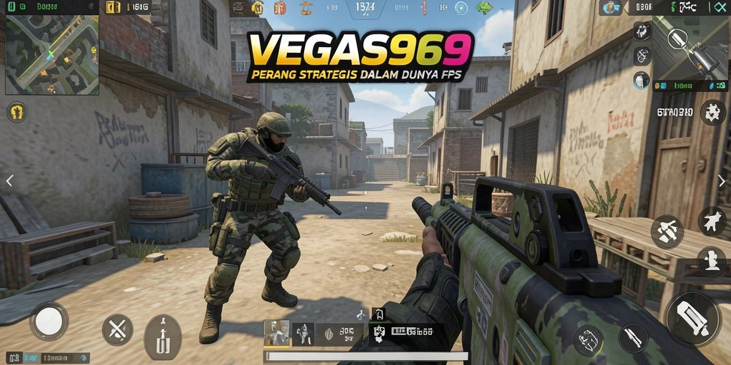 Screenshot gameplay VEGAS969 menampilkan pertempuran intens dalam arena FPS.